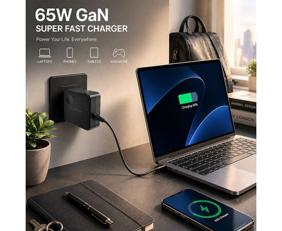 Qoltec 51778 GaN 65W charger | 5-21V | 3-3.25A | USB-C PD PPS Telefonu lādētāji 220v