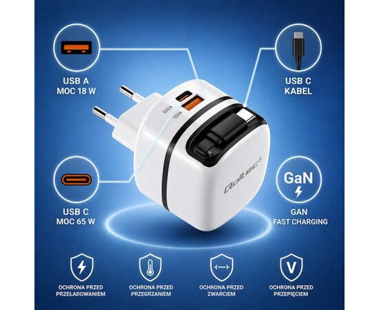 Qoltec 51784 GaN 65W charger | 5-20V | 3-3.25A | USB-C PD PPS Telefonu lādētāji 220v
