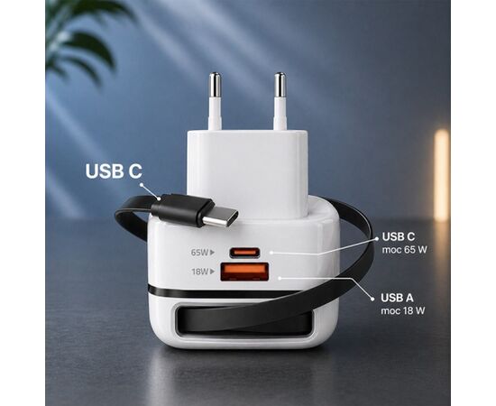 Qoltec 51784 GaN 65W charger | 5-20V | 3-3.25A | USB-C PD PPS Telefonu lādētāji 220v
