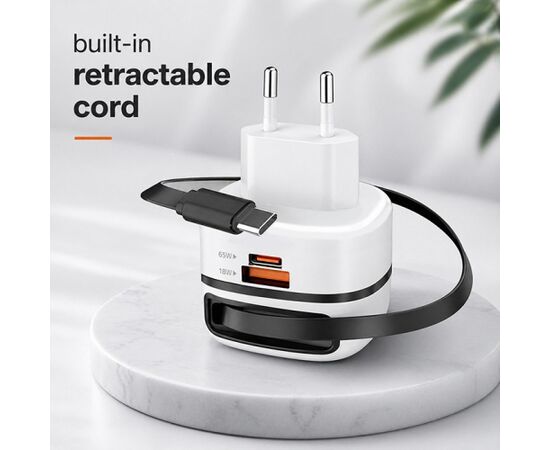Qoltec 51784 GaN 65W charger | 5-20V | 3-3.25A | USB-C PD PPS Telefonu lādētāji 220v