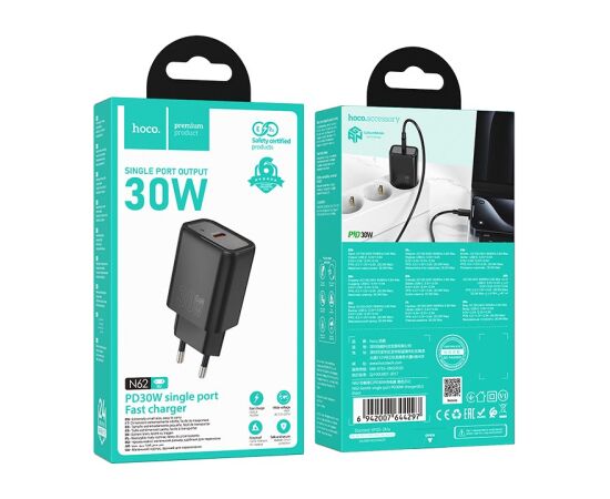Charger Hoco N62 30W GaN USB-C black Telefonu lādētāji 220v