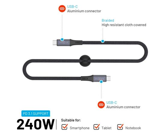 Fixed Braided Cable USB-C/USB-C, 2m, USB4 gen2 20Gbps, 4K 60Hz, 240W FIXDBP-CC2-GR Jaunumi - Viedierices