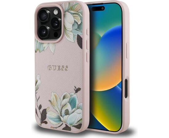 Guess -  Etui Guess Grained Printed Flower         Pattern MagSafe for iPhone 16 Pro Pink Чехлы - альтернативные