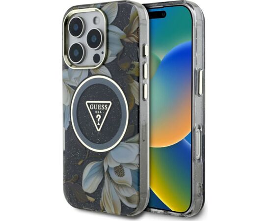 Guess -  Etui Guess Glitter Flowers Triangle       Buttons MagSafe do iPhone 16 Pro Black Neoriģinālie Maciņi