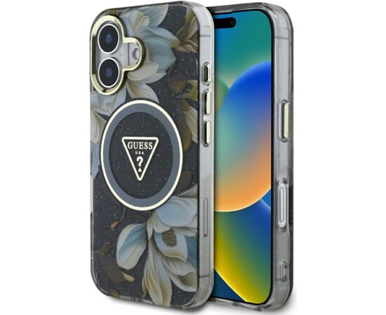 Guess -  Etui Guess Glitter Flowers Triangle  Buttons MagSafe do iPhone 16 Black Neoriģinālie Maciņi