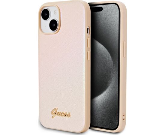 Guess -  Guess PU Leather Iridescent Metal Script Case for iPhone 15 Gold Neoriģinālie Maciņi