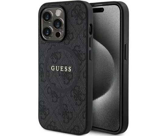 Guess Apple  iPhone 15 Pro 4G Collection Leather Metal Logo MagSafe Black Neoriģinālie Maciņi