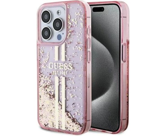 Guess Apple  iPhone 15 Pro Max Liquid Glitter Gold Stripes Transparent Pink Neoriģinālie Maciņi
