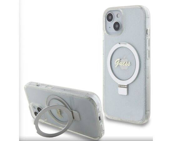 Guess Apple  iPhone 15 IML Ring Stand Glitter MagSafe Case Transparent Neoriģinālie Maciņi