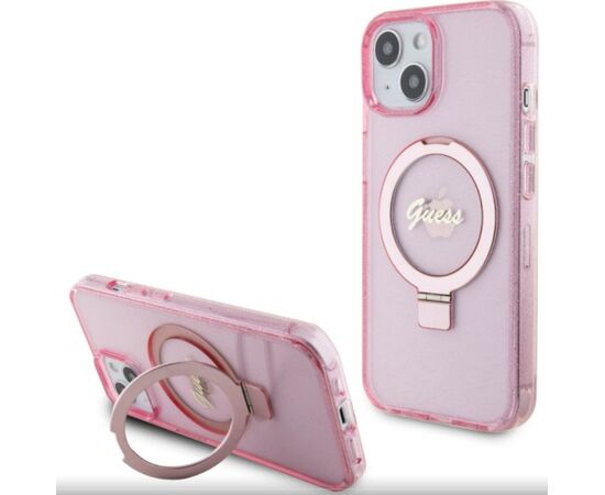 Guess Apple  iPhone 15 IML Ring Stand Glitter MagSafe Case Pink Neoriģinālie Maciņi