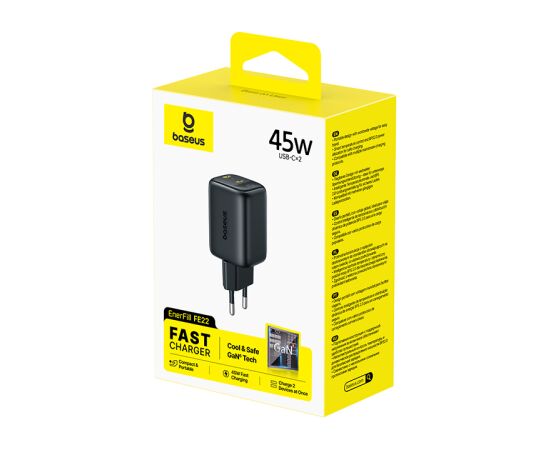 Baseus Sienas ātrlādētājs EnerFill FE22 45 W, 2xUSB-C, QC, PD, ar USB-C kabeli (1 m), melns Новинки смартфонов и телефонов