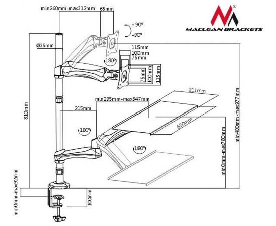 Maclean MC-681 Single Monitor Sit-Stand Workstation Screen Keyboard Arm Bracket