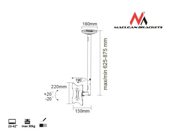 Maclean MC-504S TV Ceiling Mount Bracket LCD LED Plasma 23'' - 42'' 30kg