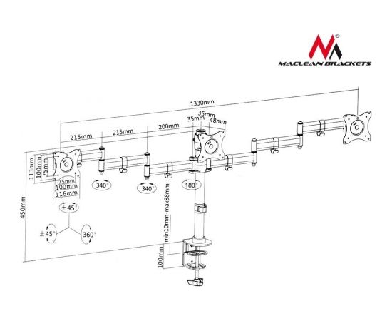 Maclean MC-691 Triple Desk Mount Monitor Arm 360 ° Adjustable Bracket 13-27 Inch