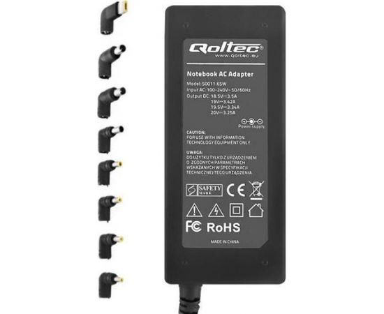 Qoltec 50011 Universāls 65W (Max 3.5A) AC Automātisks Portatīvā datora lādētājs ar 8 konektoriem