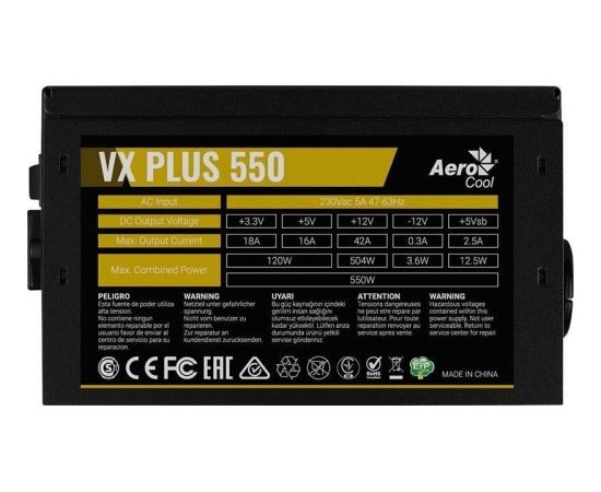 PSU AeroCool VX-550 PLUS 550W, Silent 120mm fan with Smart control