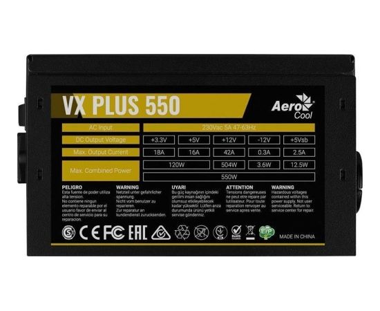 PSU AeroCool VX-550 PLUS 550W, Silent 120mm fan with Smart control