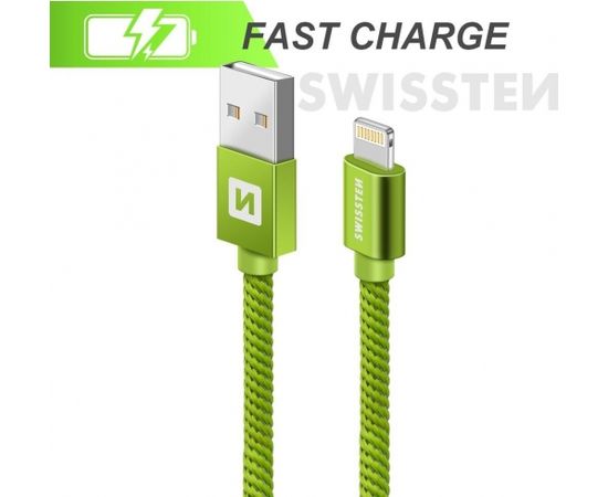 Swissten Textile Fast Charge 3A Lighthing (MD818ZM/A) Кабель Для Зарядки и Переноса Данных 1.2m Зеленый