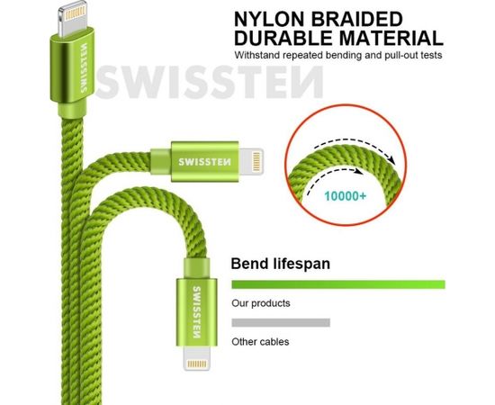 Swissten Textile Fast Charge 3A Lighthing (MD818ZM/A) Кабель Для Зарядки и Переноса Данных 1.2m Зеленый