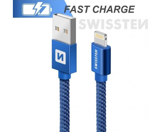 Swissten Textile Fast Charge 3A Lighthing (MD818ZM/A) Datu un Uzlādes Kabelis 2m Zils