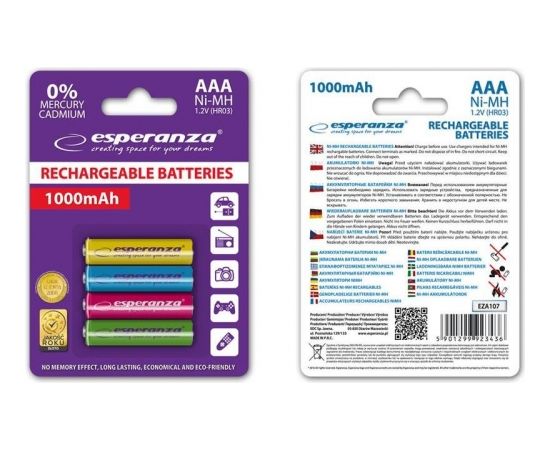 Esperanza EZA107 RECHARGEABLE BATTERIES Ni-MH AAA 1000MAH 4PCS. - MIX COLOURS