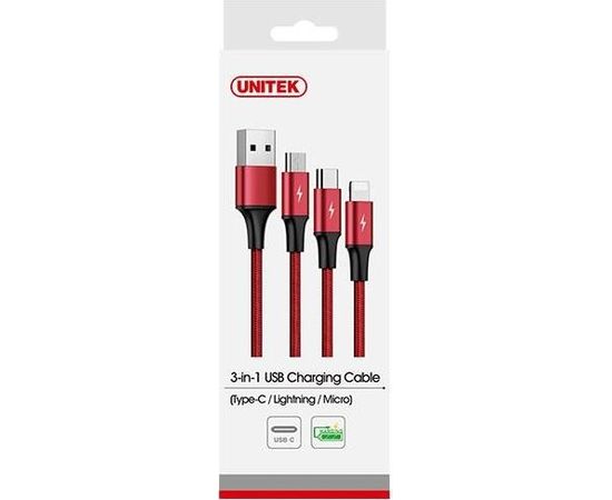 Unitek Cable 3-in-1, USB-Type-C/MicroUSB/Lightning, 1.2m, red, C4049RD