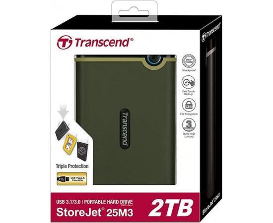 Transcend Slim StoreJet 2.5'' 25M3, 2 TB, Portable HDD, Military green