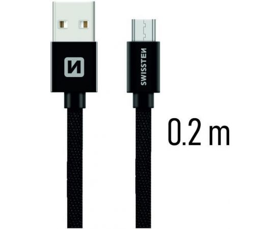 Swissten Textile Quick Charge Universāls Micro USB Datu un Uzlādes Kabelis 0.2m Melns