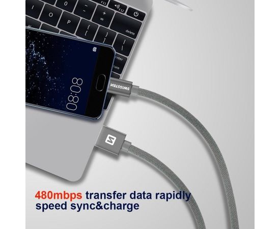 Swissten Textile Quick Charge Universāls Micro USB Datu un Uzlādes Kabelis 0.2m Melns
