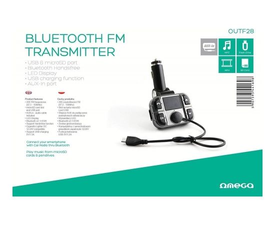 Omega OUTF28 Bluetooth 2.1 + EDR FM Transmitter Priekš Auto Radio / AUX / MIC /+ Uzlādes Ligzda USB 1.5A Melns
