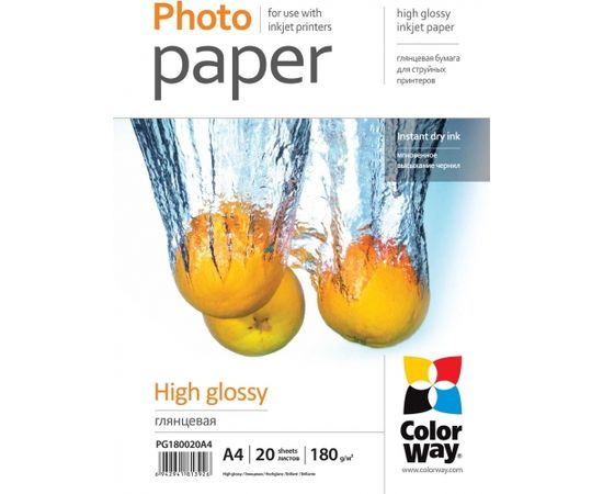 ColorWay Photo Paper 20 pcs. PG180020A4 Glossy, White, A4, 180 g/m²