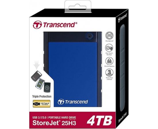 Transcend External HDD 4TB USB3 25H3B 2.5'', Triple shock protection system