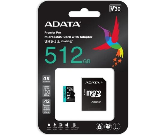 A-data ADATA 512GB Premier Pro MICROSDXC, R/W up to 100/80 MB/s, with Adapter