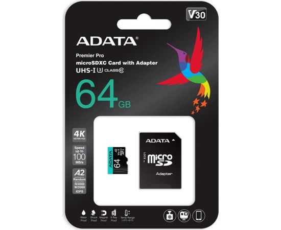A-data ADATA 64GB Premier Pro MICROSDXC, R/W up to 100/80 MB/s, with Adapter