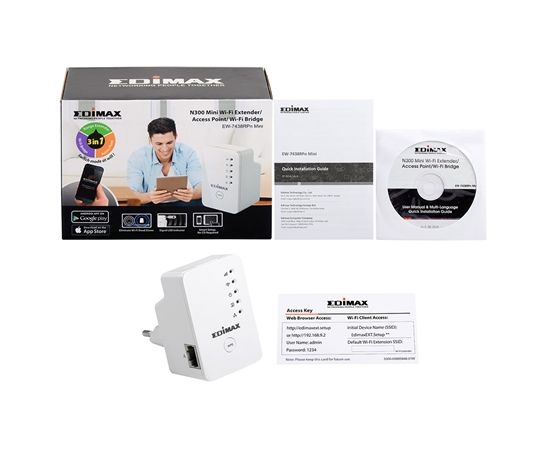 Edimax Extender  140148  10/100 Mbit/s, Ethernet LAN (RJ-45) ports 1, 2.4GHz, Wi-Fi standards 802.11n, 300 Mbit/s, Antenna type Internal, Antennas quantity 2