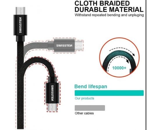 Swissten Textile Quick Charge Universāls Micro USB Datu un Uzlādes Kabelis 3.0m Melns