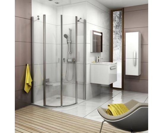 RAVAK CSKK4-80 dušas kabīne-stūris ar bīdāmām durvīm 80x80cm, R500, pusaplis, satīna+ caurspīdīgs stikls Dušas stūri