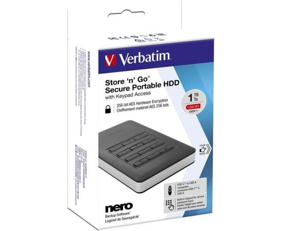 External HDD Verbatim Store & Go G1 2.5inch 1TB USB3.1 Black Secure Portable