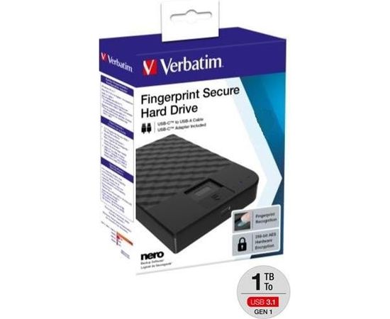 VERBATIM FINGERPRINT SECURE HDD 1TB AES 256 ENCRYPTION USB 3.1 GEN 1 (2.5'')