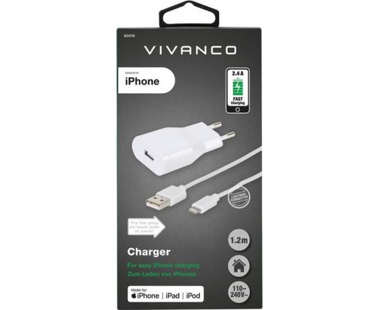 Vivanco charger Lightning 2.4A 1.2m, white (60018)