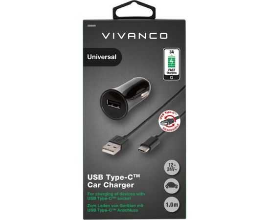 Зарядка в машину Vivanco USB-C 3A 1м, черная (38669)