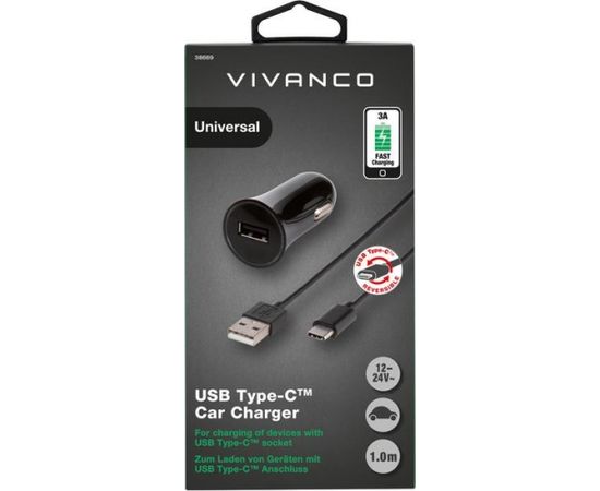 Vivanco auto lādētājs USB-C 3A 1m, melns (38669)