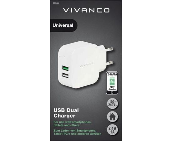 Зарядка Vivanco USB 2,4A/1A, белая (37563)