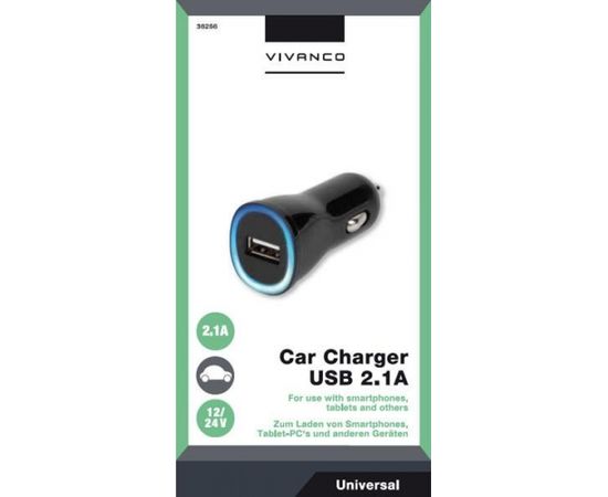 Vivanco auto lādētājs USB 2.1A, melns (36256)