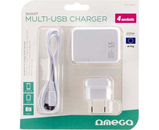 Omega USB зарядное устройство 4xUSB EU + кабель, белый (42672)