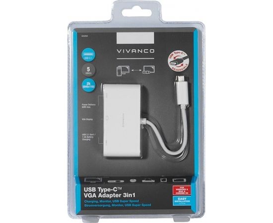 Vivanco adapteris USB-C - VGA 3in1, balts (34294)