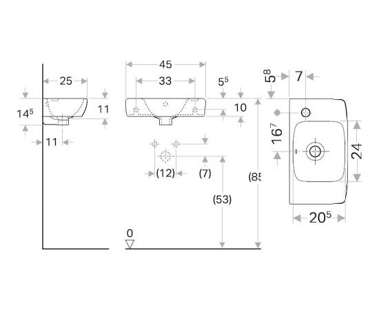 Geberit Selnova izlietne 45x25cm kvadrātveida, maisītāja caurums labajā pusē