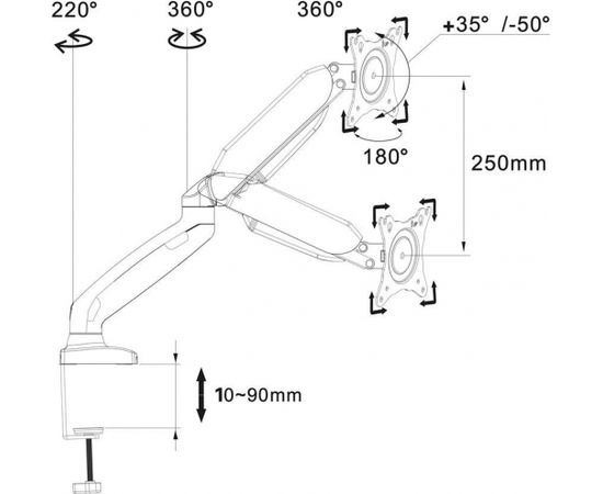 ART Desk Holder on gas spring for 1 monitor LED/LCD 10-32'' L-17GD 9kg 2xUSB 3.0