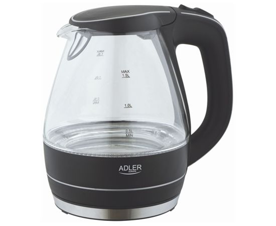 Adler AD 1224 Standard kettle, Glass, Glass/Black, 2000 W, 1.5 L, 360° rotational base