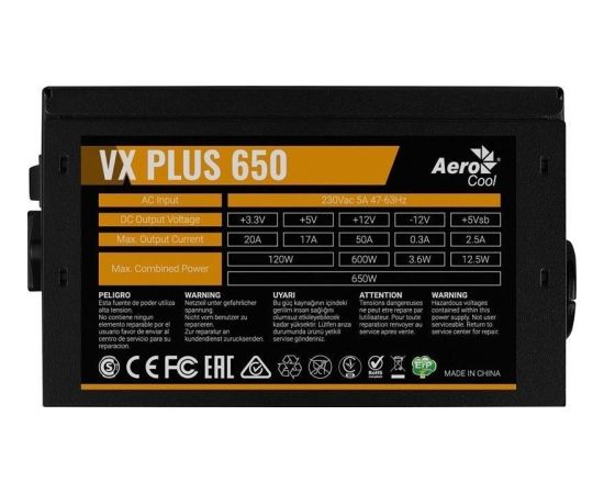 PSU AeroCool VX-650 PLUS 650W, Silent 120mm fan with Smart control